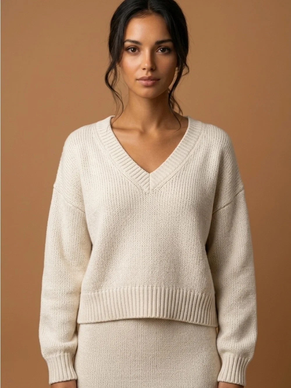 Free People Cream V-Neck Knit Pullover
